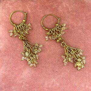 Dangle Earrings - Boho Vintage Gold Toned w/Clear Beads - 3"